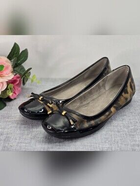 NATURALIZER Shiny Black Grey Brown Animal Print Women Size  7.5M Bow Flats Shoes